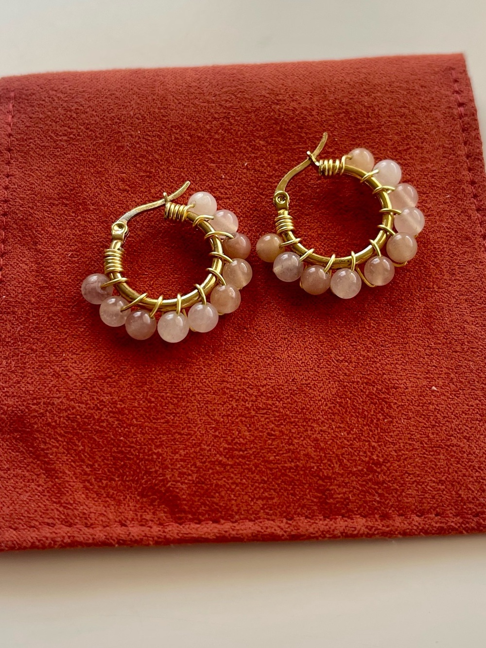 Handmade in Mexico Gold Tone Huggie Hoop Earrings with Pink Beads